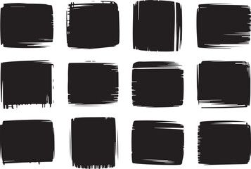Twelve black ink square brush strokes isolated on transparent background