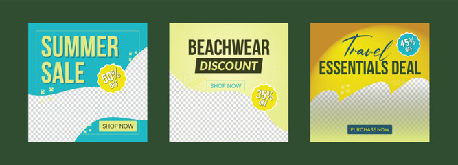 Summer Sale promotional Social Media Post and Instagram banner template design with copy space. set of three social media banner