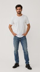 Full length of confident Chilean man in a tuckedin tee and jeans standing in a halfturn pose with hands on hips on plain white background