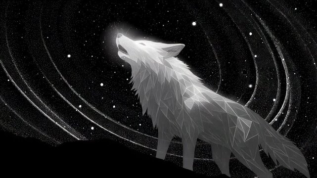 Wolf howling under a starry night sky in a stunning geometric art style