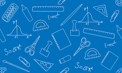 Seamless pattern with school supplies on a blue background. An element for printing, texture,
fabric, wrapping,wallpaper. Vector illustration