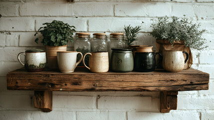 Obraz premium Rustic charm displays handcrafted mugs glass jars and flourishing plants on a weathered wooden shelf against brick