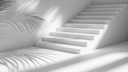 Fototapeta premium White stairs with plant shadows in a minimalist setting.