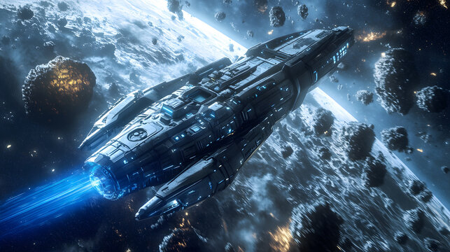 A futuristic spacecraft navigating through a starlit asteroid field