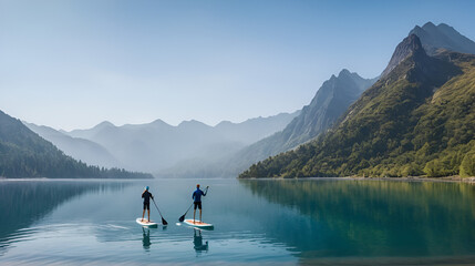Two people paddleboarding on a serene lake surrounded by majestic mountains under a calm, misty sky.