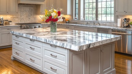 Large kitchen island with granite countertop and white cabinetry.