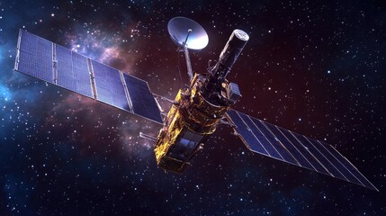 Naklejka premium Stunning Spacecraft in Orbit with Solar Panels and Satellite Dish Against Colorful Cosmic Background