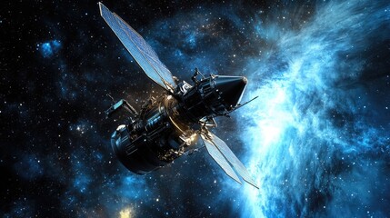 Futuristic Spacecraft Orbiting Cosmic Nebula in Vast Universe Illustration with Stars and Galaxies