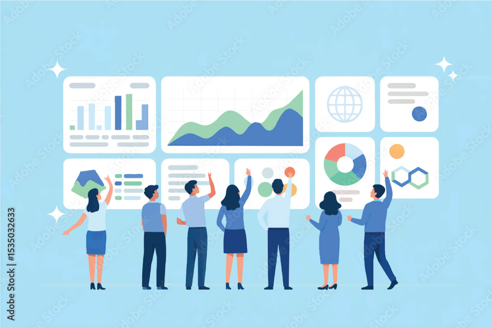 Poster team analyzing data on dashboard vector cartoon illustration isolated on transparent background