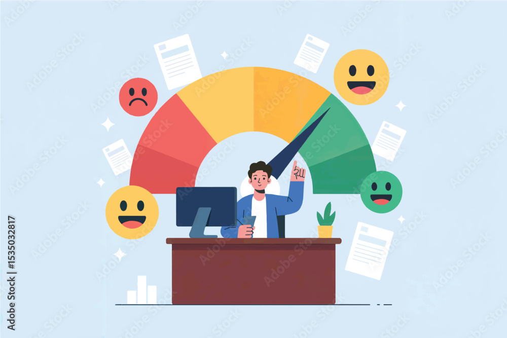 Poster vector cartoon illustration of man monitoring performance meter with feedback isolated on transparen
