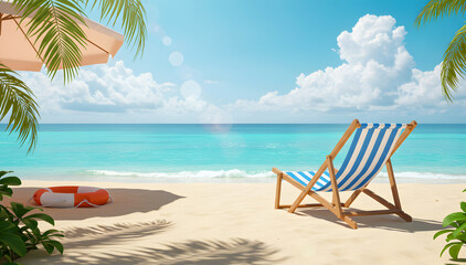 Sunlit beach with parasol and empty lounge chair