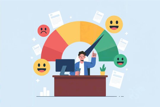Vector cartoon illustration of man monitoring performance meter with feedback isolated on transparent background