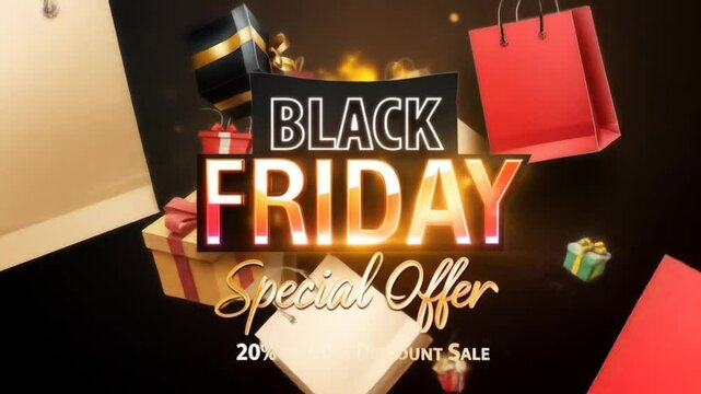 Black Friday Sale Promo Video with Gift Boxes and Shopping Bags in Festive Colors
