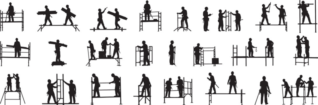 Silhouette construction workers on scaffolding vector illustration and icon design element