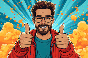 A cheerful man with glasses and a beard giving two thumbs up in a pop art style.