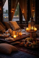 Fototapeta premium Elegant Moroccan-style living room by night, candlelit lanterns on table