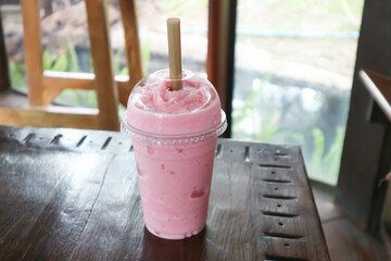 rose milk tea or rose tea latte or smoothie or strawberry yogurt smoothie, mixed berry smoothie or strawberry milk shake or strawberry milk