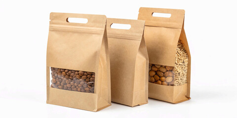 Kraft paper stand-up pouch with transparent window on white background, cut-out