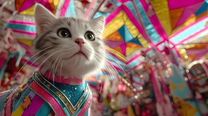 Fototapeta premium Adorable Cat in Colorful Costume Surrounded by Festive Decorations