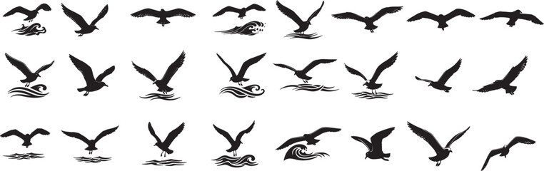Seagull silhouette vector art flying over water ocean birds black and white drawing graphic design elements