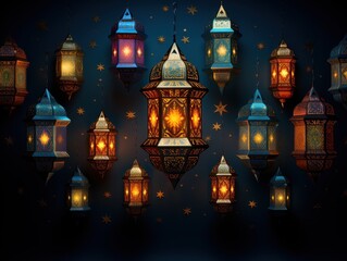 Obraz premium Colorful Moroccan lanterns hanging from ceiling against dark background