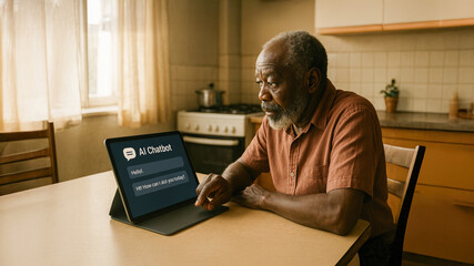 Elderly African man interacting with AI chatbot on a tablet. 
