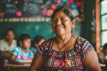 Indigenous woman in traditional clothing teaching children in a colorful, culturally rich classroom. The blackboard behind her is decorated with drawings and local artwork. Concept of education, herit