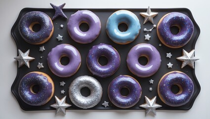 Fototapeta premium Assorted Colorful Donuts on Black Tray with Decorative Star Sprinkles