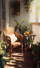 Sunlit relaxation rattan chair inviting scene tranquil plants outdoor living peaceful ambiance balcony haven