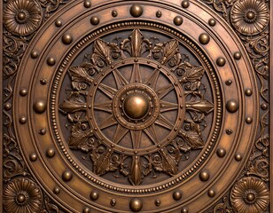 Obraz premium Ornate bronze metal wall panel with circular design intricate carvings and embossed details