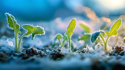 Frost-covered seedlings emerging in early spring light.