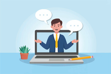 Vector cartoon illustration of a businessman on a laptop screen isolated on transparent background