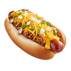 Coney Island Hot Dog Topped with Cheese Onions and Chili isolated on a transparent background chili dog