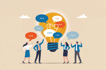 Vector cartoon illustration of business people brainstorming around a light bulb isolated on transparent background