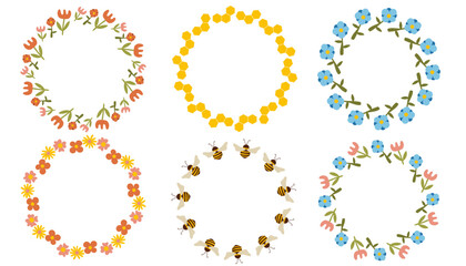 Set of cute floral wreaths. Beautiful simple flowers in round frames.
