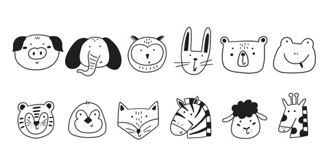 Animal cute line doodle face. Baby head cartoon animal icon set. Vector hand drawn illustration