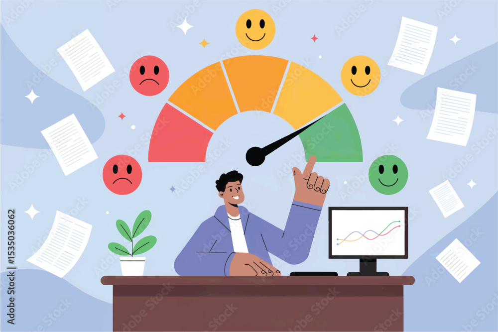 Poster vector cartoon illustration of man analyzing performance metrics on a speedometer gauge isolated on 