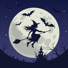 Silhouette Illustration of a Witch Flying on a Broomstick for Halloween