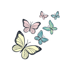 Fototapeta premium Collection of SIX Vibrant Pastel Butterflies in Flight - Diverse Insect Illustrations for Spring and Summer Designs