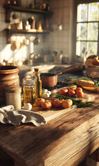 Sunlit kitchen tabletop adorned with fresh vegetables herbs and cooking essentials inviting a cozy culinary atmosphere