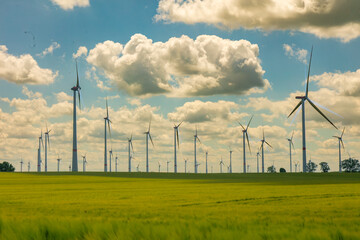 Modern wind turbines spinning over vibrant green fields in rural Germany. A powerful symbol of the Energiewende and Germany’s response to climate change and energy transition. green energy