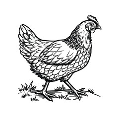 Meticulously Detailed Black and White Hen Illustration - Farm Chicken Outline Drawing for Rural and Food Designs