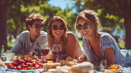 Joyful friends laughing and enjoying a delightful picnic in a beautiful sun dappled summer park scene