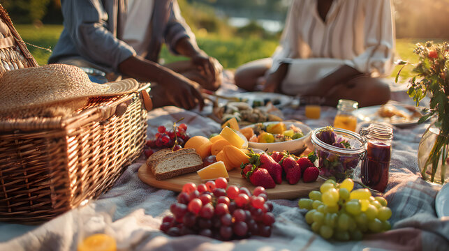 Romantic picnic scene featuring fresh fruits a picnic basket and a couple enjoying a sunny day outdoors