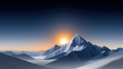 Naklejka premium Serene sunrise over majestic mountains in a tranquil landscape.