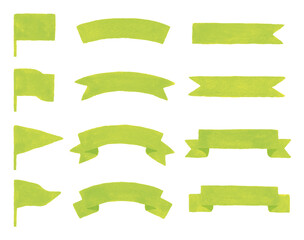 リボン&旗　yellow green　水彩、手描き　ribbon & flag wartercolor hand-draw