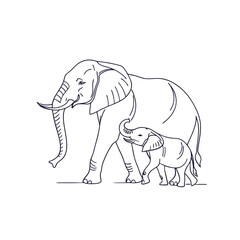 Minimalist Line Art Illustration of Adult and Baby Elephants - Mother and Calf Safari Animal Outline Drawing for Coloring
