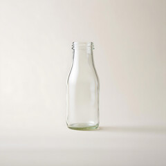 Empty glass milk bottle on white background minimalist concept for dairy advertising
