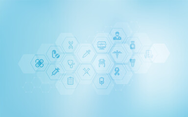 Fototapeta premium Abstract medical background with flat icons in hexagons. Design for science, medicine or technology, innovation medicine, health
