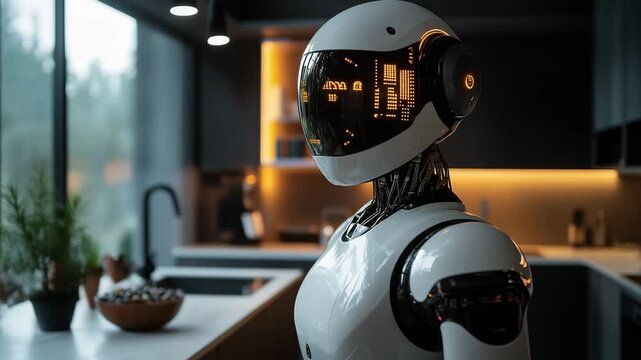 An advanced humanoid robot showcases its capabilities in a sleek, contemporary kitchen setting. It demonstrates interaction and technology integration in a domestic space